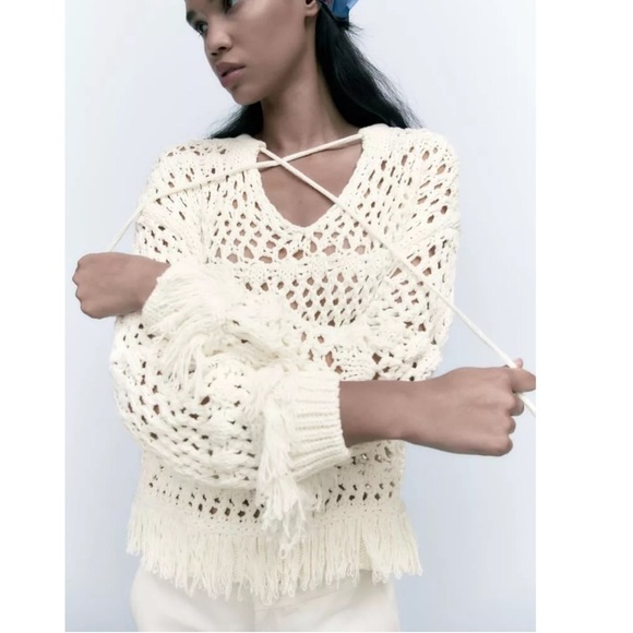 Zara open knit fringe trim sweater - Picture 2 of 14